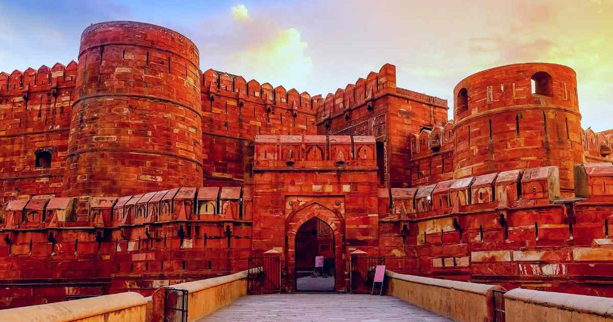 Red Fort in Delhi with its iconic red sandstone walls and Lahori Gate